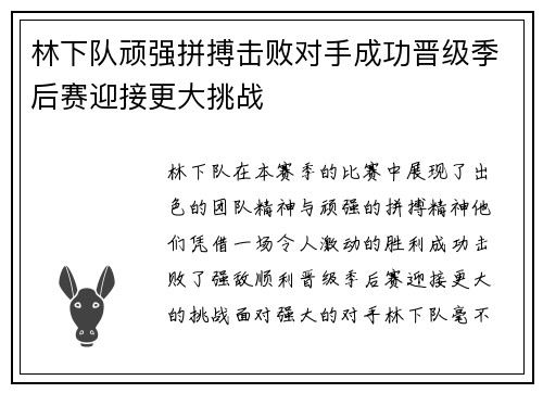 林下队顽强拼搏击败对手成功晋级季后赛迎接更大挑战
