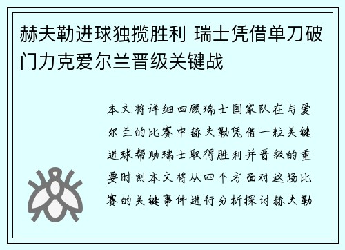赫夫勒进球独揽胜利 瑞士凭借单刀破门力克爱尔兰晋级关键战