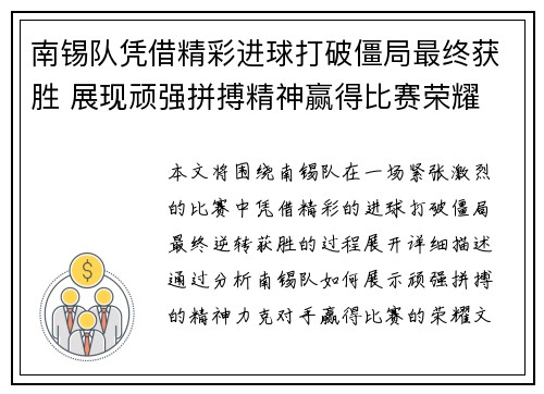 南锡队凭借精彩进球打破僵局最终获胜 展现顽强拼搏精神赢得比赛荣耀