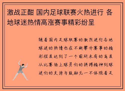 激战正酣 国内足球联赛火热进行 各地球迷热情高涨赛事精彩纷呈