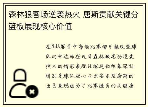 森林狼客场逆袭热火 唐斯贡献关键分篮板展现核心价值