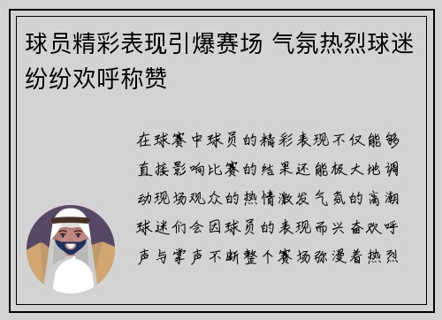 球员精彩表现引爆赛场 气氛热烈球迷纷纷欢呼称赞